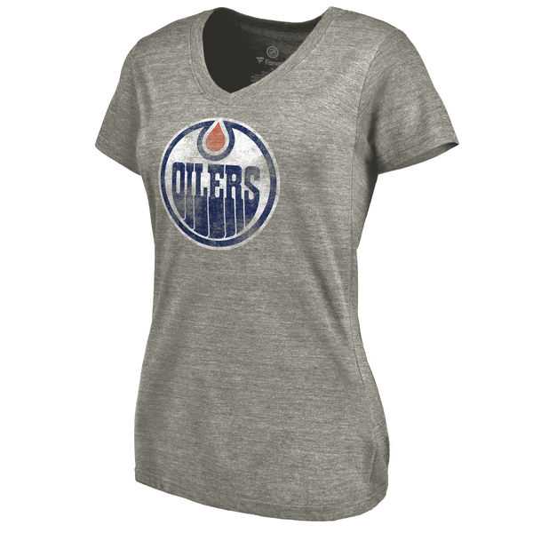 Women's Edmonton Oilers Distressed Team Logo Tri Blend V Neck T-Shirt Ash FengYun