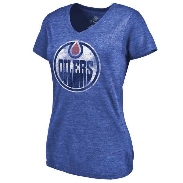 Women's Edmonton Oilers Distressed Team Primary Logo Tri Blend T-Shirt Royal FengYun