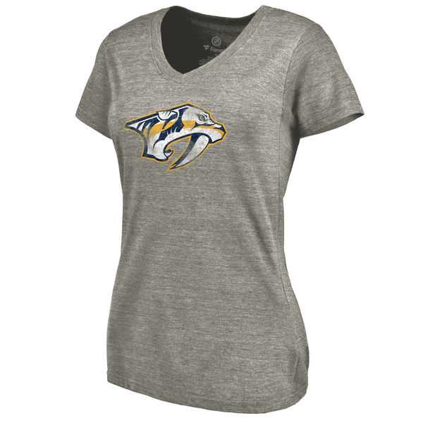 Women's Nashville Predators Distressed Team Logo Tri Blend V Neck T-Shirt Ash FengYun