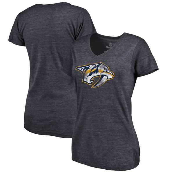 Women's Nashville Predators Distressed Team Primary Logo Tri Blend T-Shirt Navy FengYun