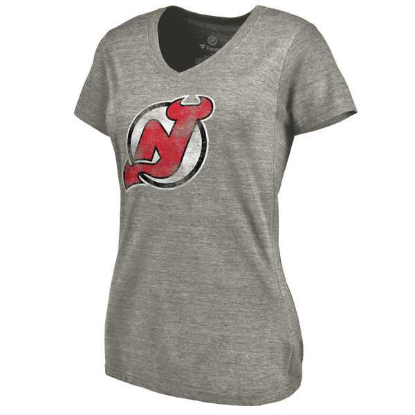 Women's New Jersey Devils Distressed Team Logo Tri Blend V Neck T-Shirt Ash FengYun