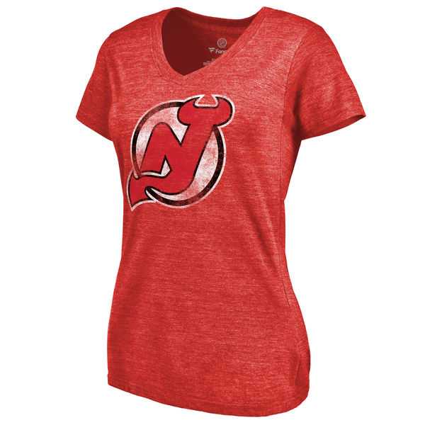 Women's New Jersey Devils Distressed Team Primary Logo V Neck Tri Blend T-Shirt Red FengYun