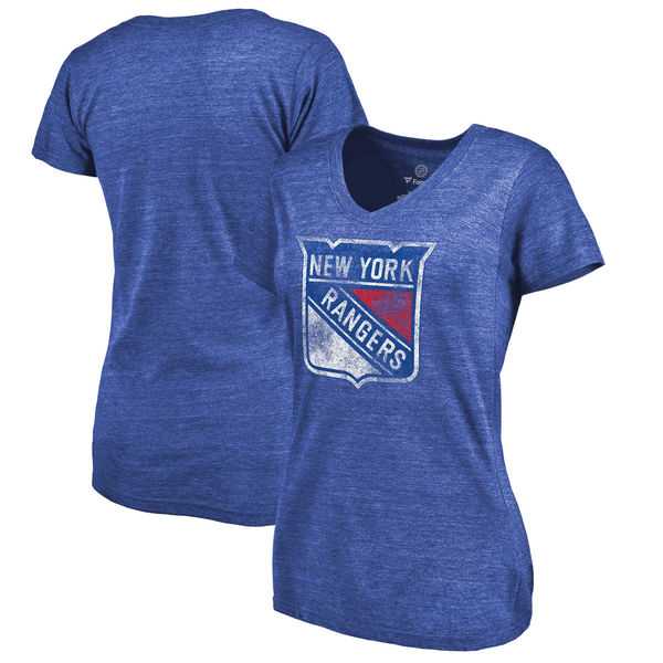 Women's New York Rangers Distressed Team Primary Logo Tri Blend T-Shirt Blue FengYun