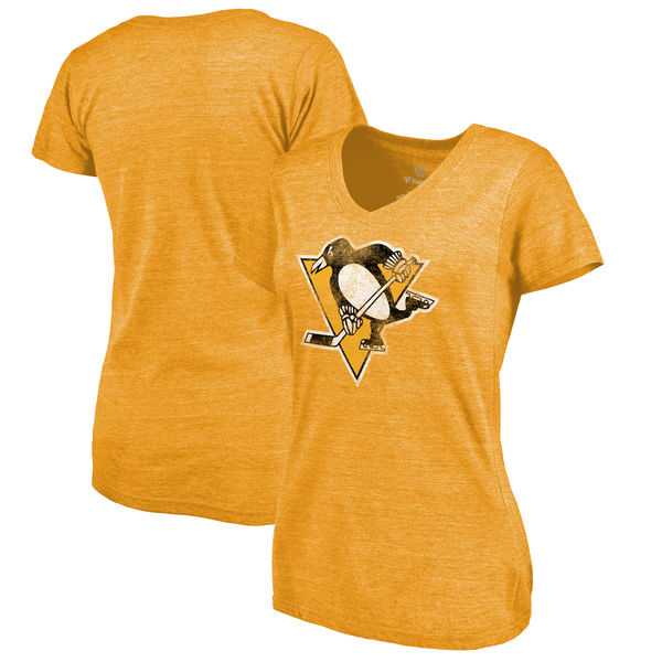 Women's Pittsburgh Penguins Distressed Team Primary Logo V Neck Tri Blend T-Shirt Gold FengYun