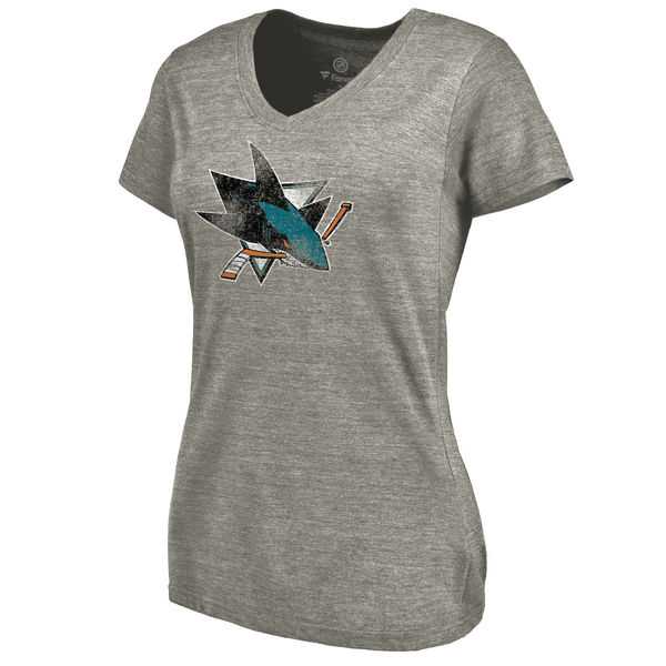 Women's San Jose Sharks Distressed Team Logo Tri Blend V Neck T-Shirt Ash FengYun