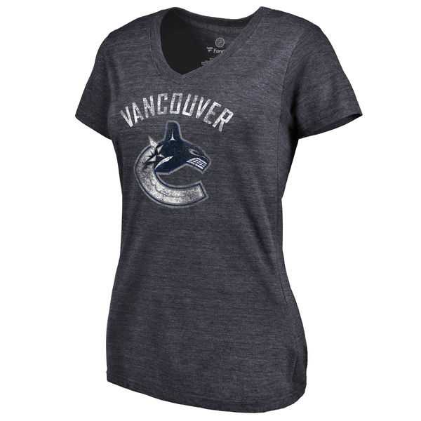 Women's Vancouver Canucks Distressed Team Primary Logo V Neck Tri Blend T-Shirt Navy FengYun