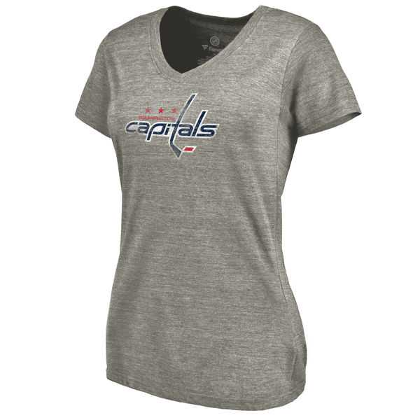 Women's Washington Capitals Distressed Team Logo Tri Blend V Neck T-Shirt Ash FengYun