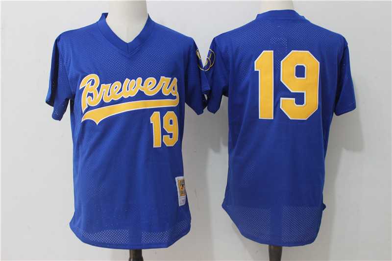 Milwaukee Brewers #19 Robin Yount (No Name) Blue Mitchell And Ness Throwback Pullover Stitched Jersey