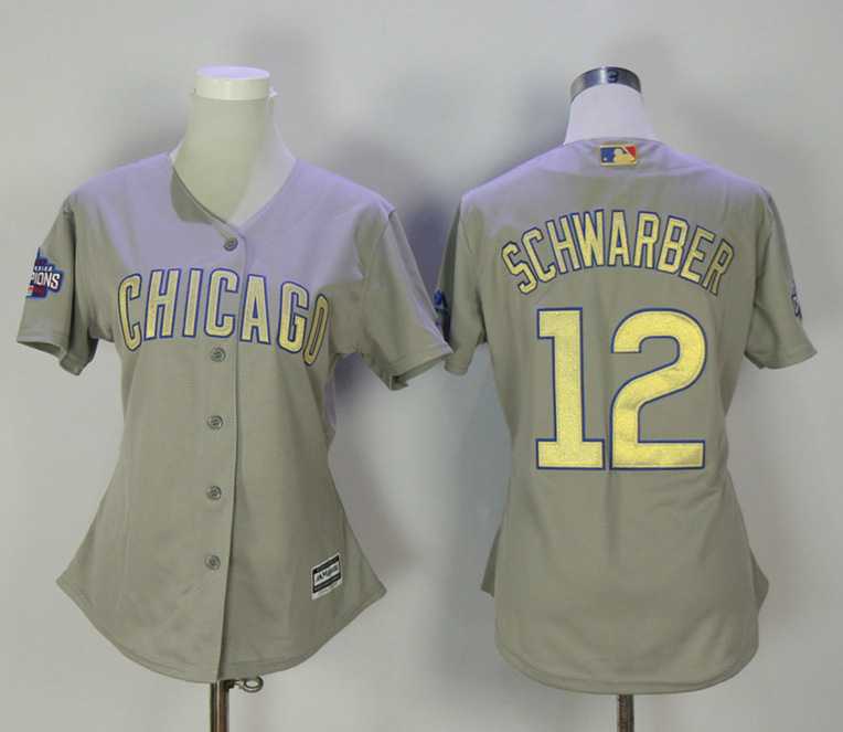 Women Chicago Cubs #12 Kyle Schwarber Gray World Series Champions Gold Program Cool Base Jersey