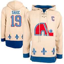 Quebec Nordiques #19 Joe Sakic Cream All Stitched Hooded Sweatshirt