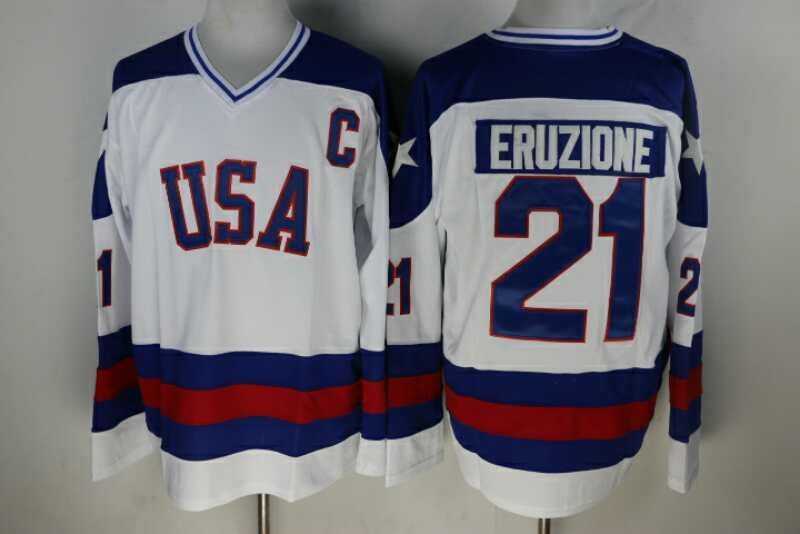 Team USA #21 Eruzione White Olympic Throwback Stitched NHL Jersey