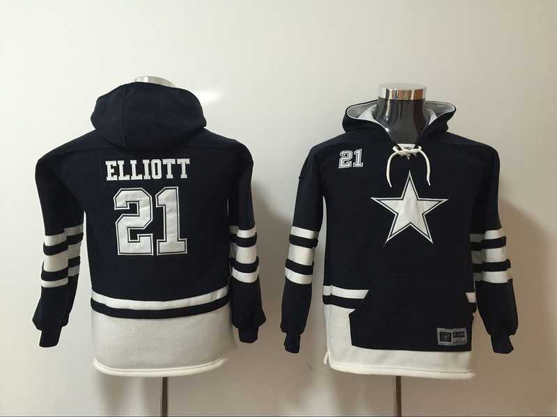 Youth Dallas Cowboys #21 Ezekiel Elliott Navy All Stitched Hooded Sweatshirt