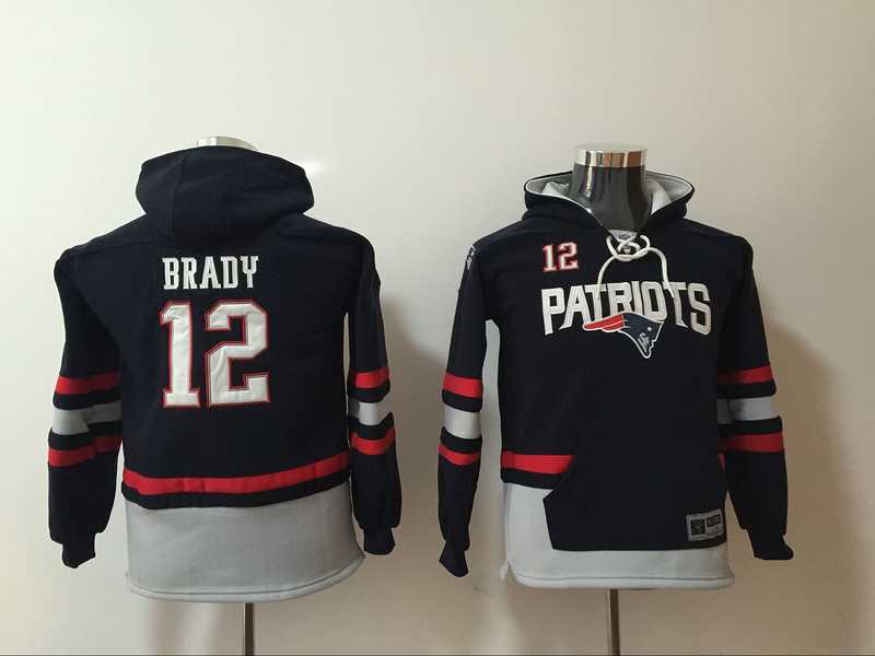 Youth New England Patriots #12 Tom Brady Navy All Stitched Hooded Sweatshirt