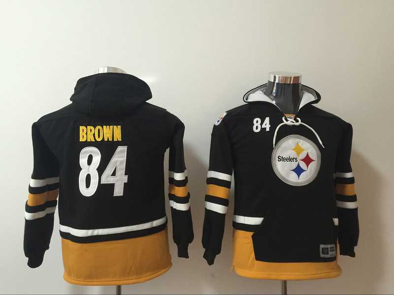 Youth Pittsburgh Steelers #84 Antonio Brown Black All Stitched Hooded Sweatshirt