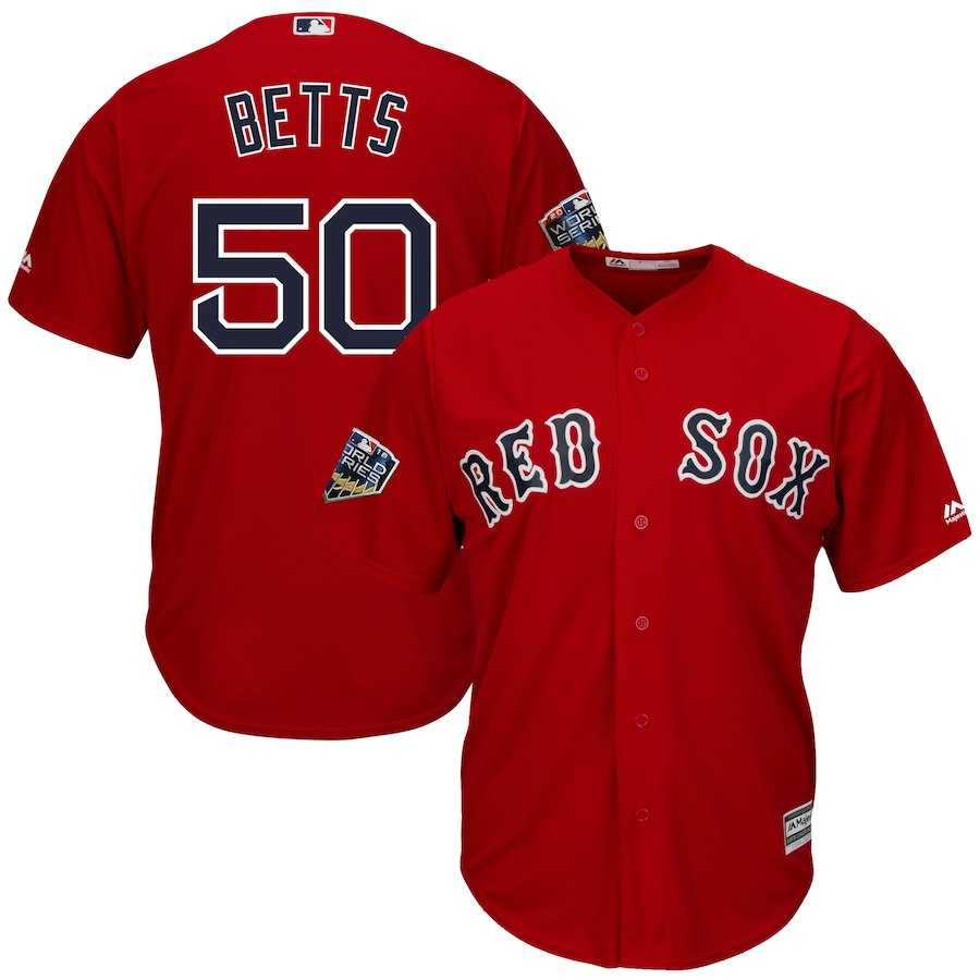 Red Sox 50 Mookie Betts Scarlet 2018 World Series Cool Base Player Jersey Dzhi