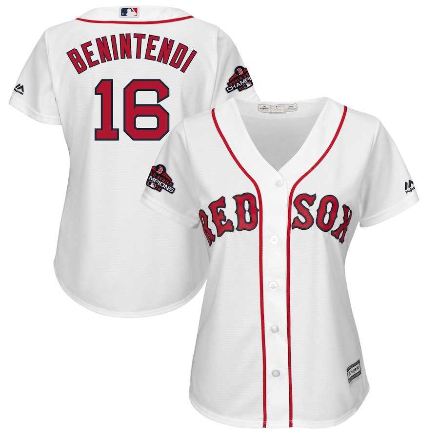 Women Red Sox 16 Andrew Benintendi White 2018 World Series Champions Team Logo Player Jersey Dzhi