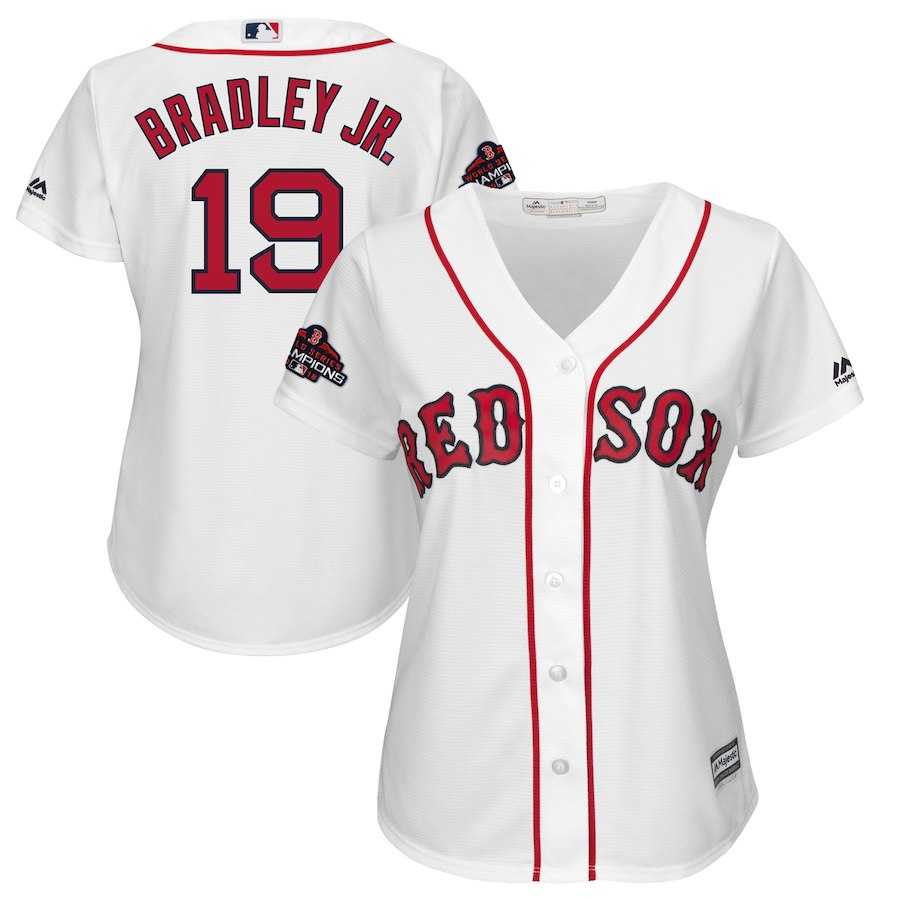 Women Red Sox 19 Jackie Bradley Jr. White 2018 World Series Champions Team Logo Player Jersey Dzhi