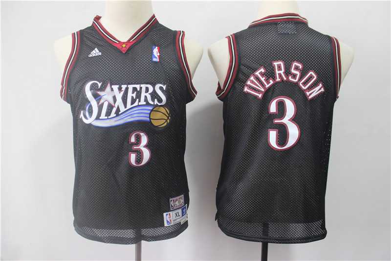 Youth 76ers 3 Allen Iverson Black Hardwood Classics Jersey