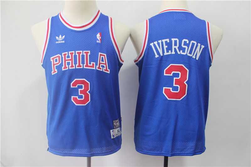 Youth 76ers 3 Allen Iverson Blue Hardwood Classics Jersey