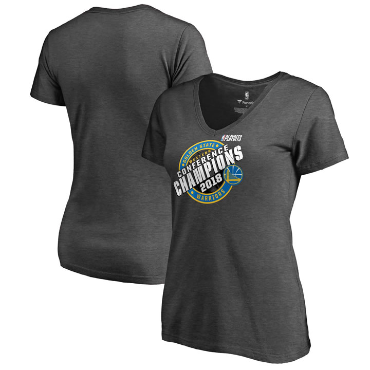 Women Golden State Warriors Fanatics Branded 2018 Western Conference Champions Keyhole Slogan V Neck T-Shirt - Heather Charcoal