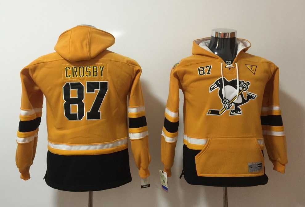 Youth Pittsburgh Penguins #87 Sidney Crosby Yellow All Stitched Hooded Sweatshirt