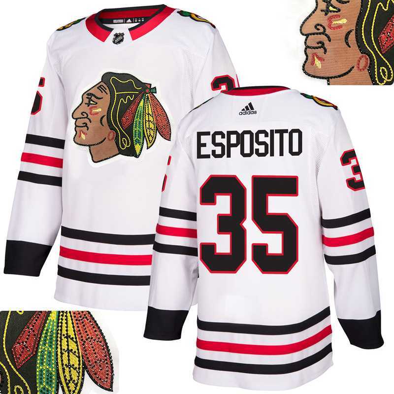 Blackhawks #35 Esposito White With Special Glittery Logo Adidas Jersey