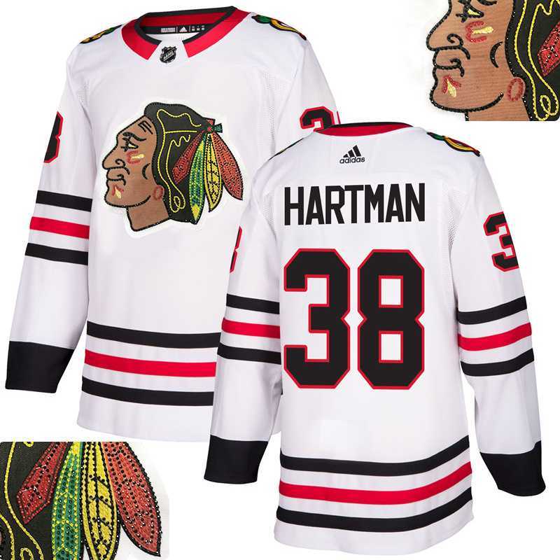 Blackhawks #38 Hartman White With Special Glittery Logo Adidas Jersey