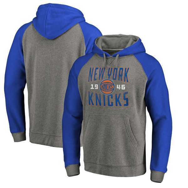 New York Knicks Fanatics Branded Ash Antique Stack Tri Blend Raglan Pullover Hoodie Fyun