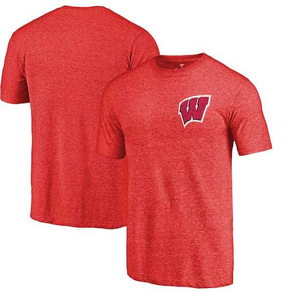 Wisconsin Badgers Fanatics Branded Red Heather Left Chest Distressed Logo Tri Blend T-Shirt