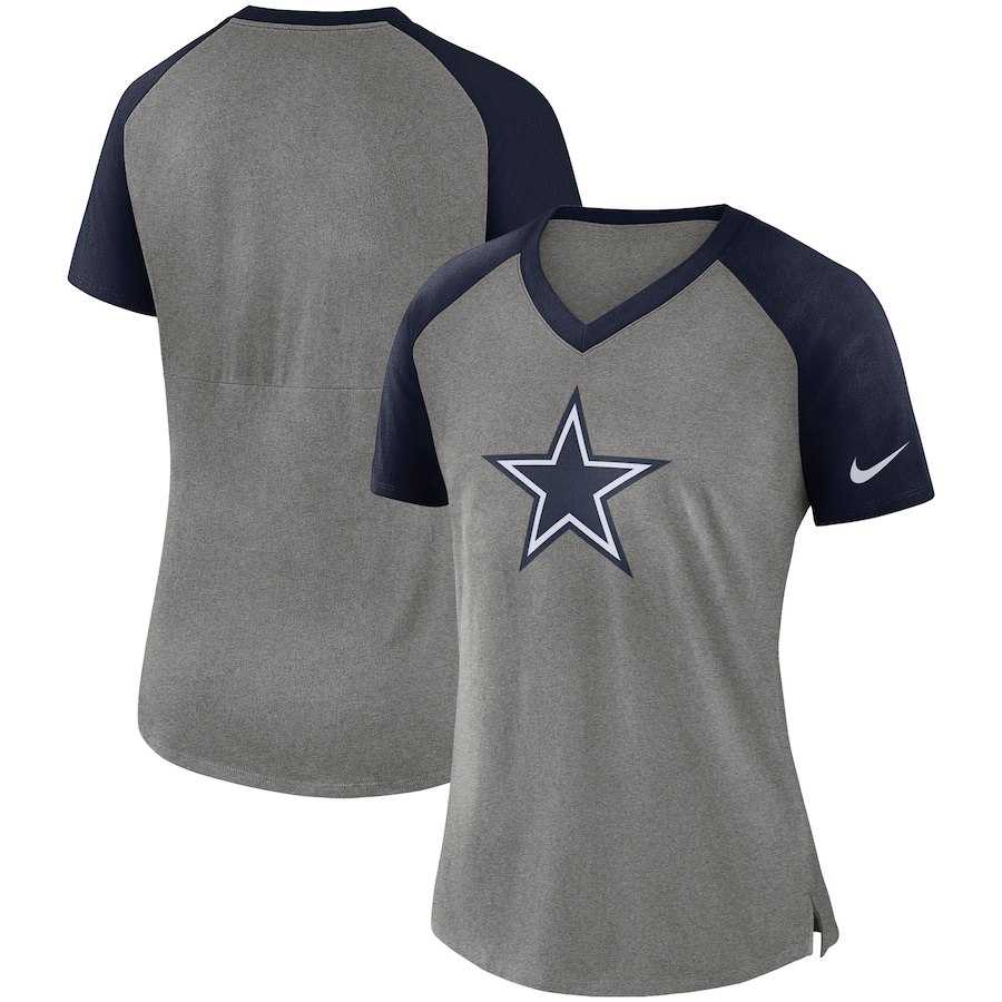 Women Dallas Cowboys Nike Top V Neck T-Shirt Gray Navy