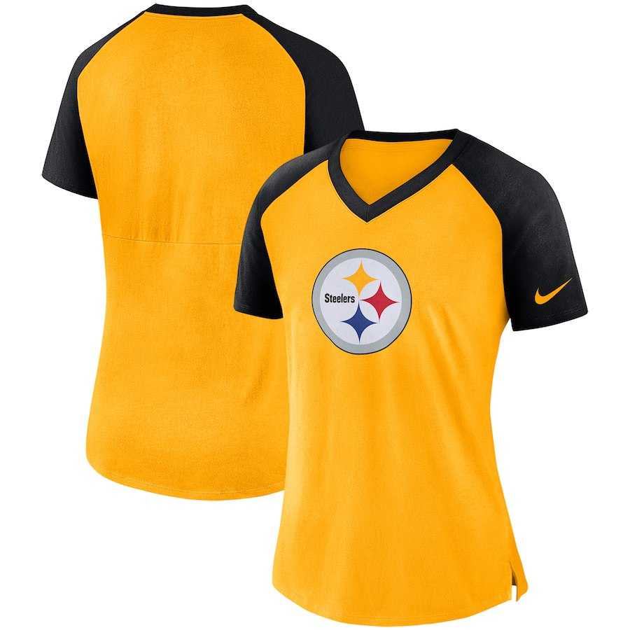 Women Pittsburgh Steelers Nike Top V Neck T-Shirt Gold Black