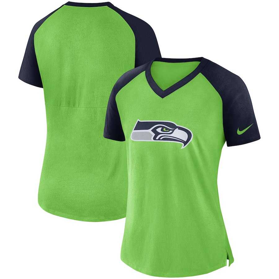 Women Seattle Seahawks Nike Top V Neck T-Shirt Neon Green College Navy