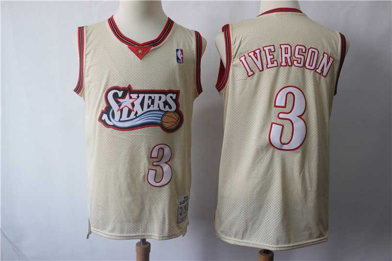 76ers 3 Allen Iverson Cream Hardwood Classics Stitched NBA Jersey