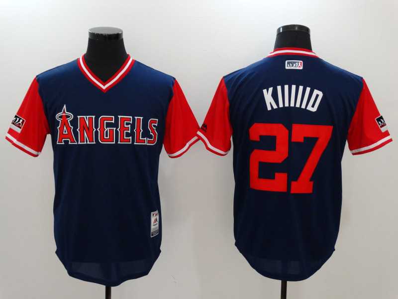 Angels 27 Mike Trout KIIIIID Navy 2018 Players Weekend Stitched Jersey
