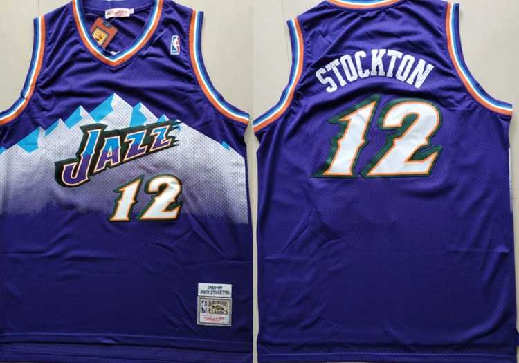 Jazz 12 John Stockton Purple Hardwood Classics Stitched NBA Jersey