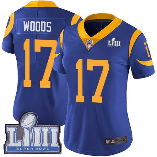 Women Nike Rams 17 Robert Woods Royal 2019 Super Bowl LIII Vapor Untouchable Limited Jersey