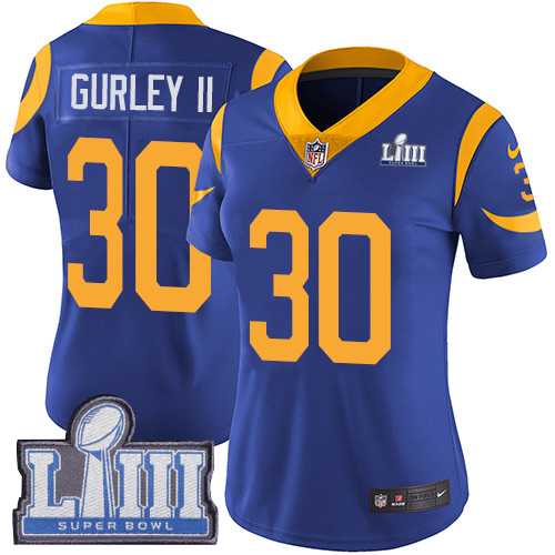 Women Nike Rams 30 Todd Gurley II Royal 2019 Super Bowl LIII Vapor Untouchable Limited Jersey