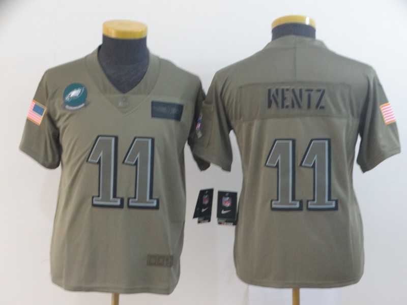 Youth Nike Eagles 11 Carson Wentz 2019 Olive Salute To Service Limited Jersey