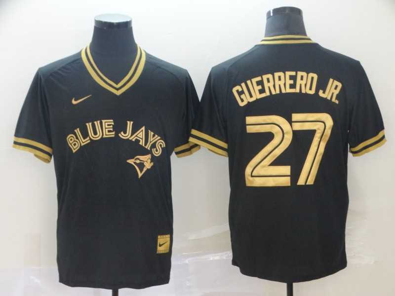 Blue Jays 27 Vladimir Guerrero Jr. Black Gold Nike Cooperstown Collection Legend V Neck Jersey (1)