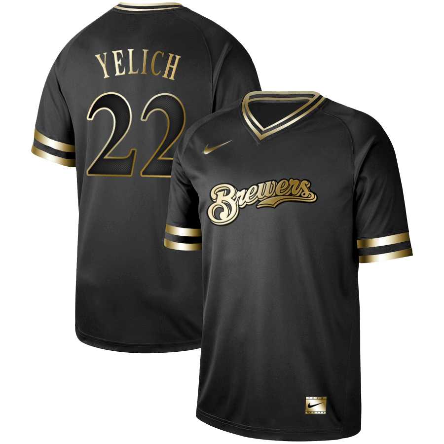 Brewers 22 Christian Yelich Black Gold Nike Cooperstown Collection Legend V Neck Jersey Dzhi