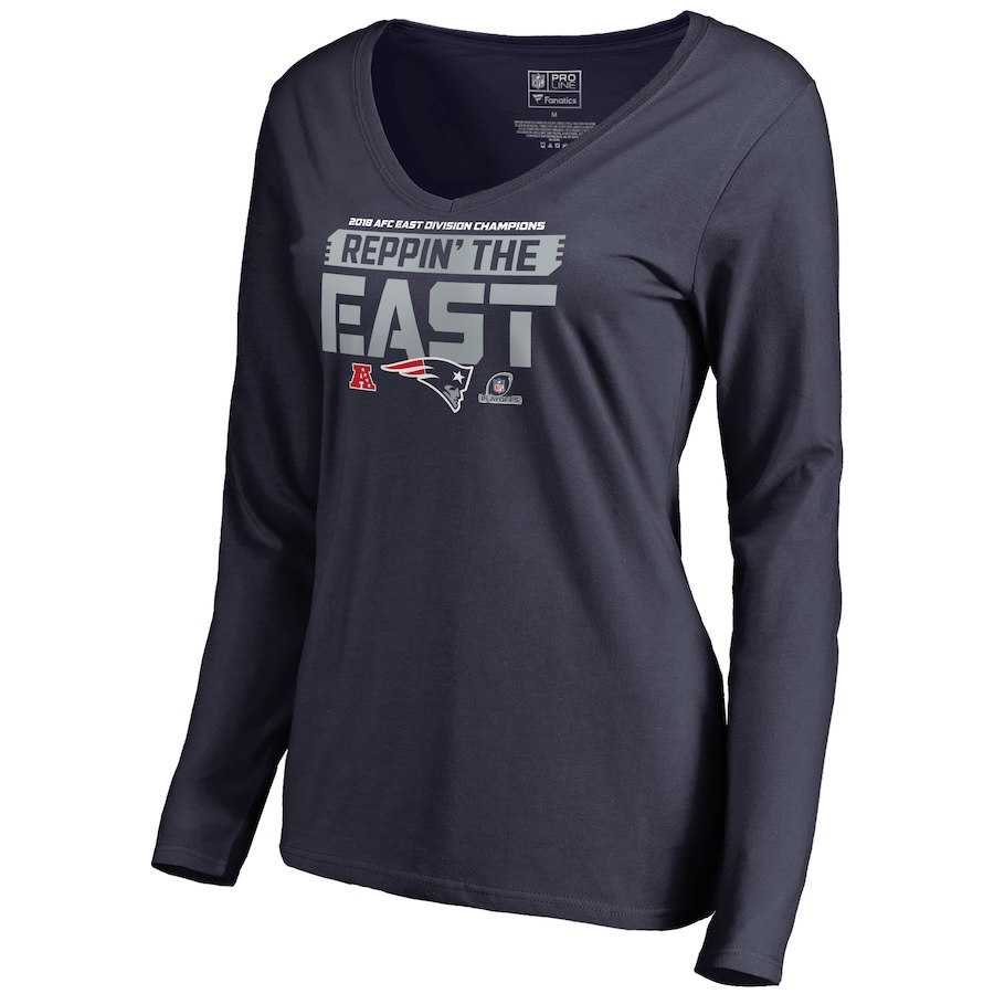 Women Patriots Navy Long Sleeve 2018 NFL Playoffs Reppin' The East T-Shirt