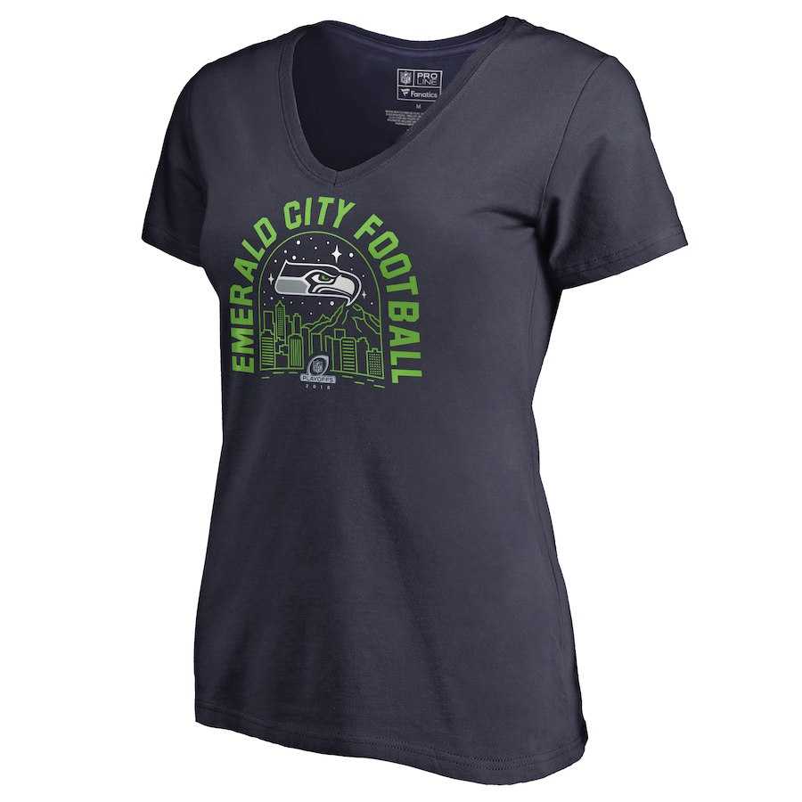 Women Seahawks Navy 2018 NFL Playoffs Emerald City Football T-Shirt