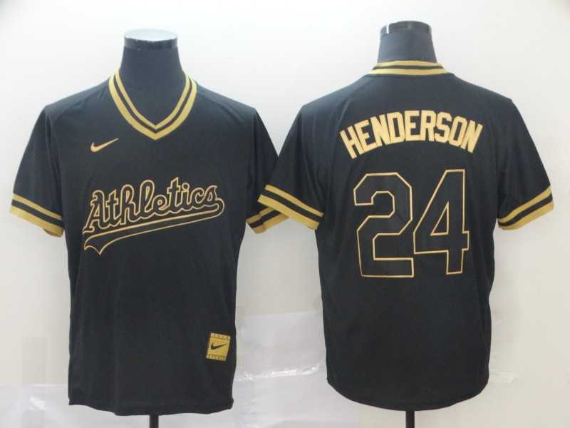Athletics 24 Rickey Henderson Black Gold Nike Cooperstown Collection Legend V Neck Jersey (1)