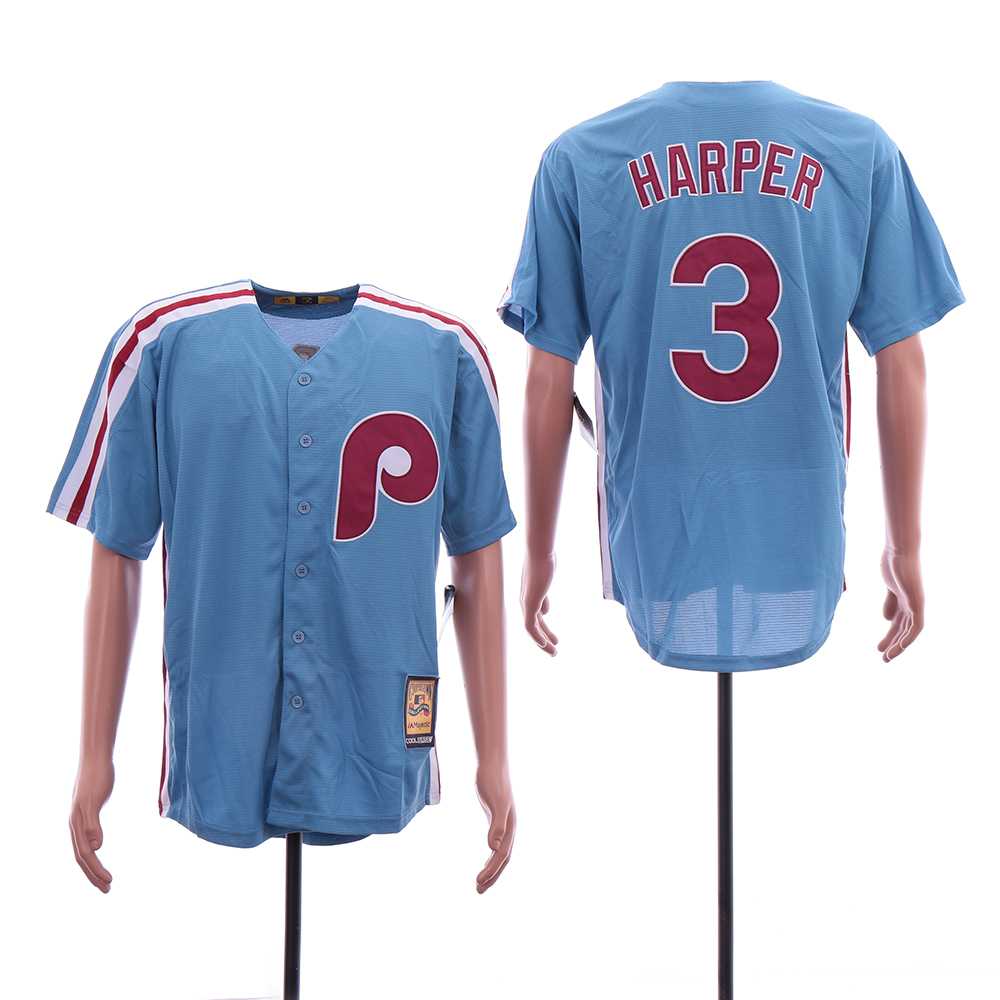 Phillies 3 Bryce Harper Light Blue Cool Base Cooperstown Jersey Sguo