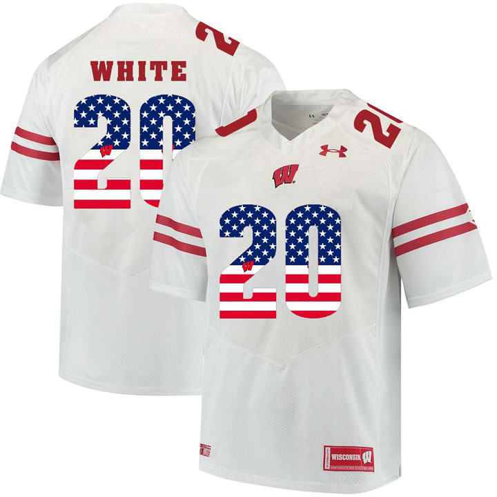 Wisconsin Badgers 20 James White White USA Flag College Football Jersey Dyin