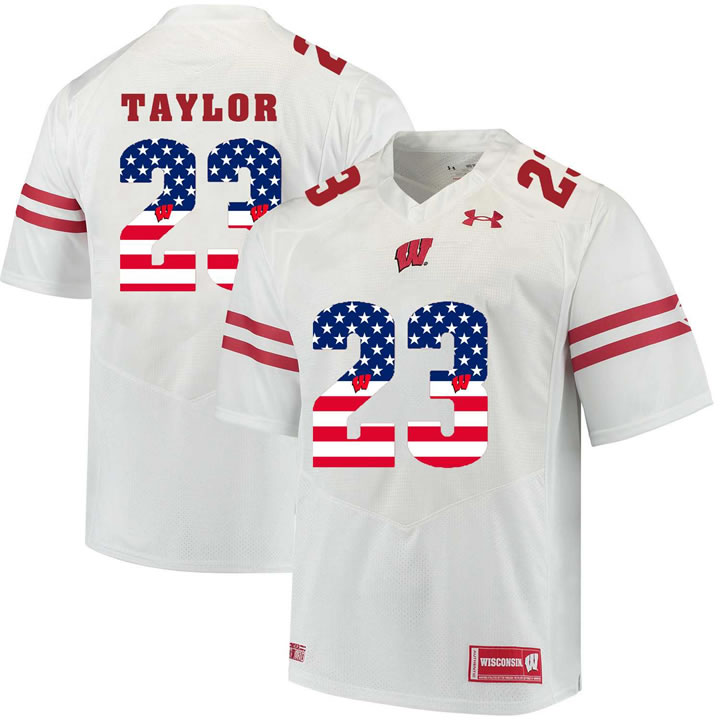 Wisconsin Badgers 23 Jonathan Taylor White USA Flag College Football Jersey Dyin