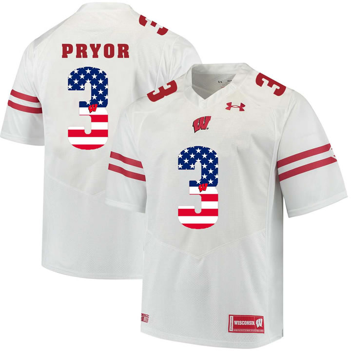 Wisconsin Badgers 3 Kendric Pryor White USA Flag College Football Jersey Dyin