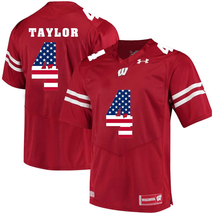 Wisconsin Badgers 4 A.J. Taylor Red USA Flag College Football Jersey Dyin