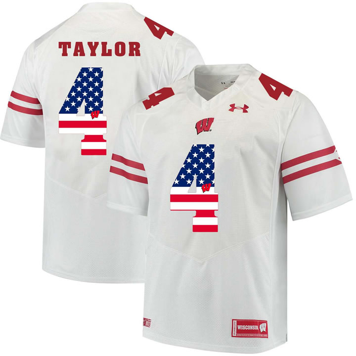 Wisconsin Badgers 4 A.J. Taylor White USA Flag College Football Jersey Dyin