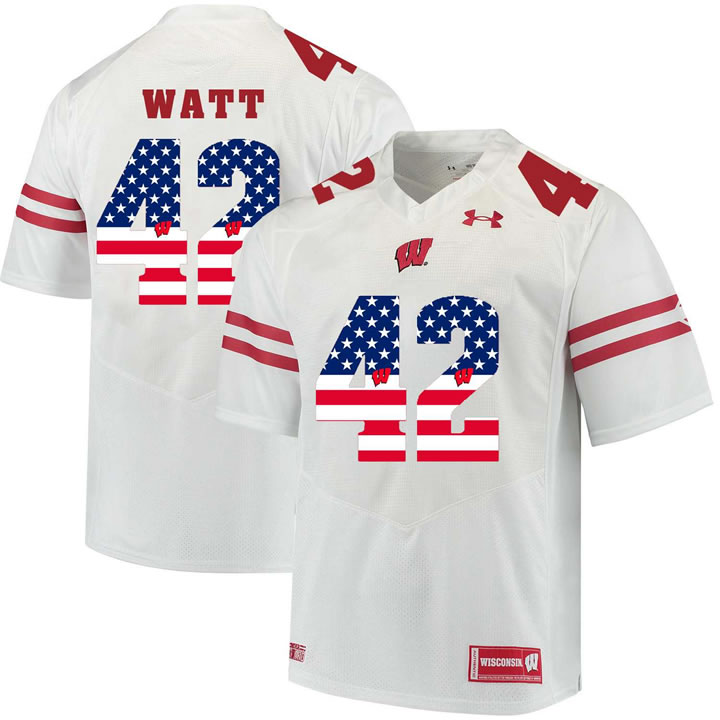 Wisconsin Badgers 42 T.J. Watt White USA Flag College Football Jersey Dyin